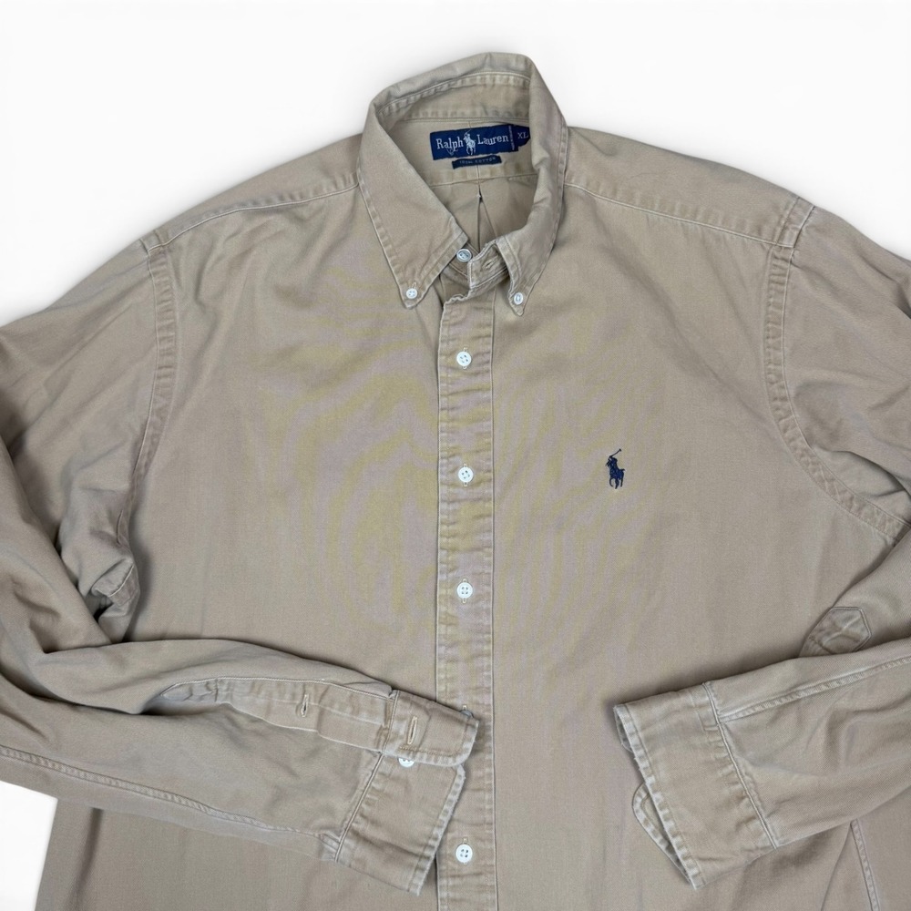 Ralph Lauren Mens XL Khaki Tan Cotton Twill Button Down Shirt Long Sleeve Pony